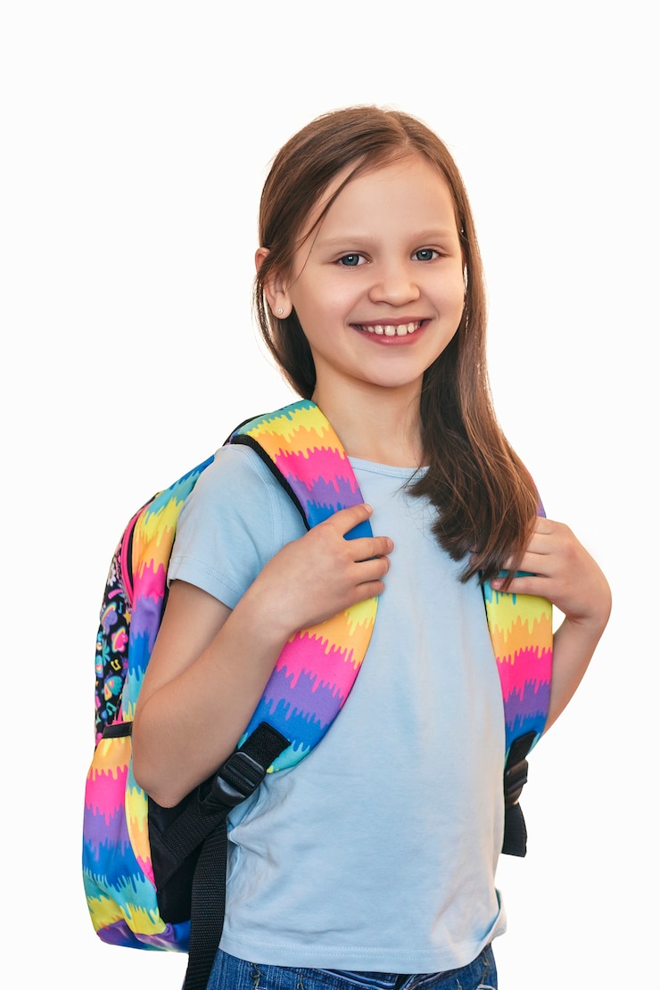 Foto chica con una mochila a la espalda sobre un fondo blanco.