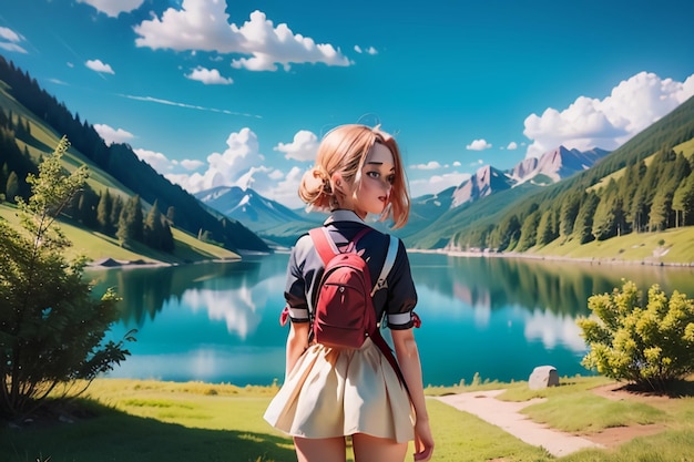 Una chica con una mochila está parada frente a un lago y montañas al fondo.