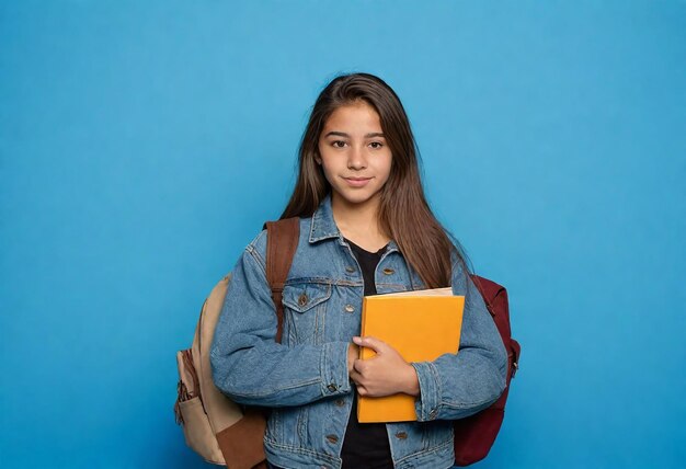 una chica con una mochila y un libro en la mano