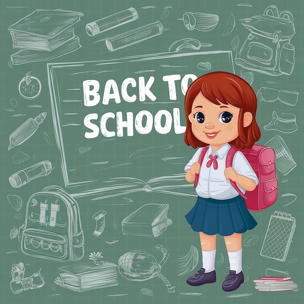 una chica con una mochila y las palabras de vuelta a la escuela escritas en ella