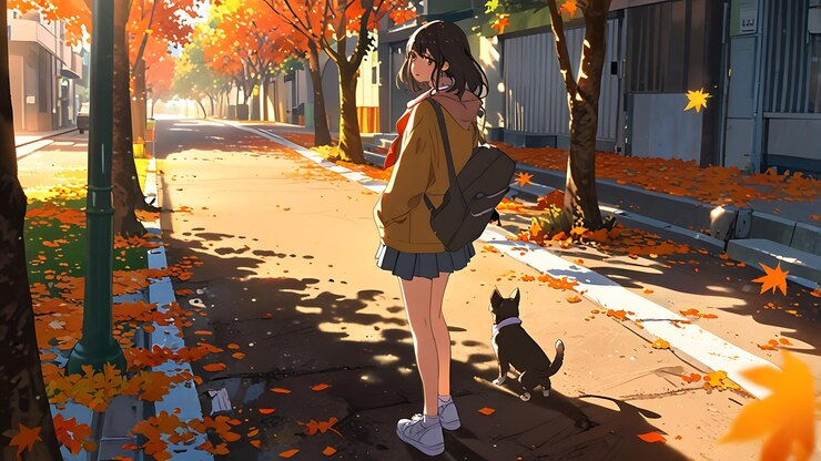 una chica con una mochila y un perro en la calle