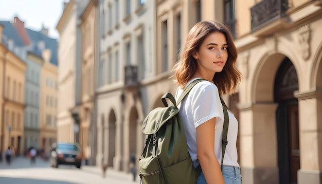 Foto una chica con una mochila está de pie en la calle