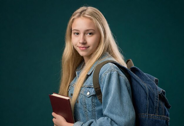 una chica con una mochila que dice "está llevando un libro"