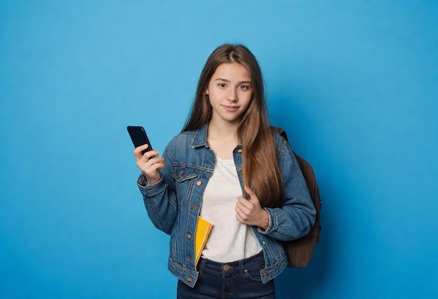 una chica con una mochila y un teléfono celular