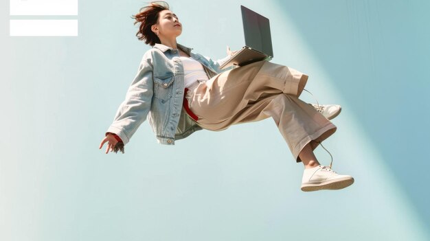 Una chica de moda está flotando en el aire sosteniendo una computadora portátil