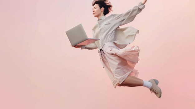 Una chica de moda está flotando en el aire sosteniendo una computadora portátil