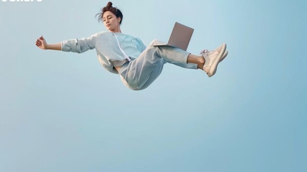 Una chica de moda está flotando en el aire sosteniendo una computadora portátil
