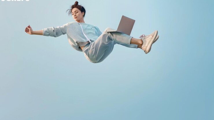 Una chica de moda está flotando en el aire sosteniendo una computadora portátil