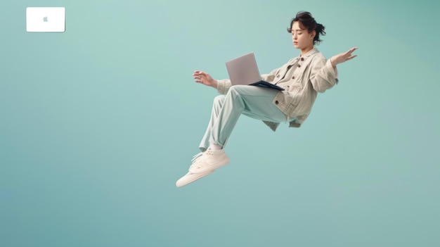 Una chica de moda está flotando en el aire sosteniendo una computadora portátil