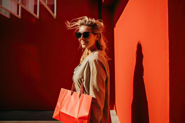 Una chica de moda con gafas de sol de pie frente a una pared roja con los rayos del sol pasando por su cara tiene una bolsa de compras en la mano