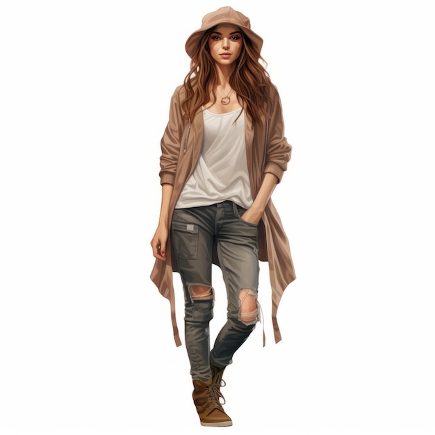 Chica de moda en jeans y cárdigan marrón Ilustración realista