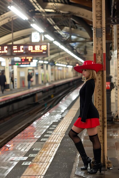 Una chica de moda posando en la estación de tren