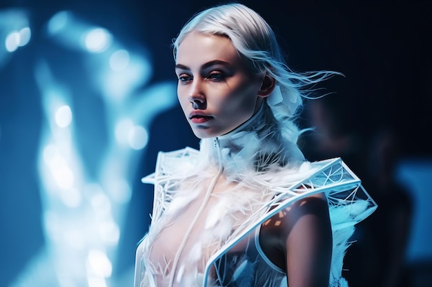 Una chica modelo camina por la pasarela con un atuendo futurista extraterrestre transparente inusual en un desfile de moda del futuroIlustración de IA generativa Semana de la Moda