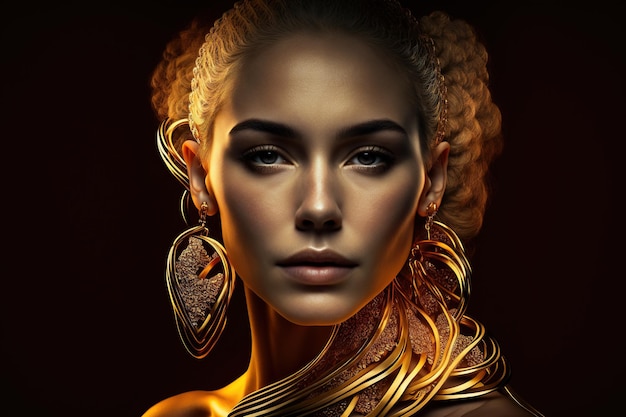 Chica modelo con maquillaje dorado y cabello largo dorado sobre un fondo negro Piel dorada brillante y retrato de arte de cabello que fluye IA generativa