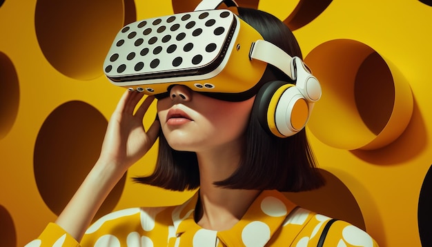 Chica moderna y elegante sobre un fondo amarillo en gafas de realidad virtual AI generativa