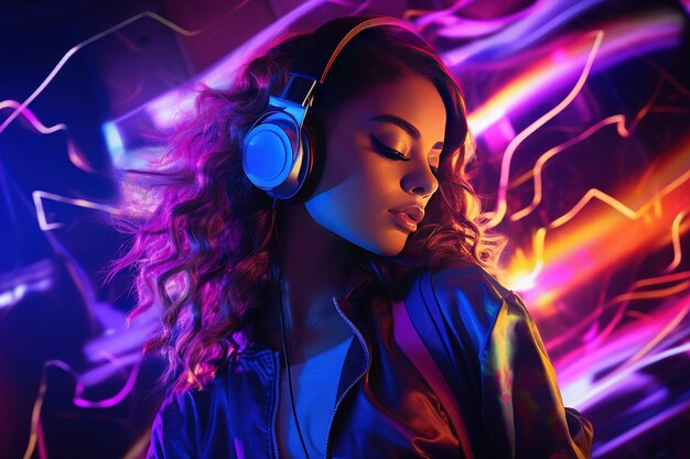 Chica moderna de moda con auriculares de música en una fiesta divertida bailando en luces de neón cultura juvenil vibrante estilo cyberpunk