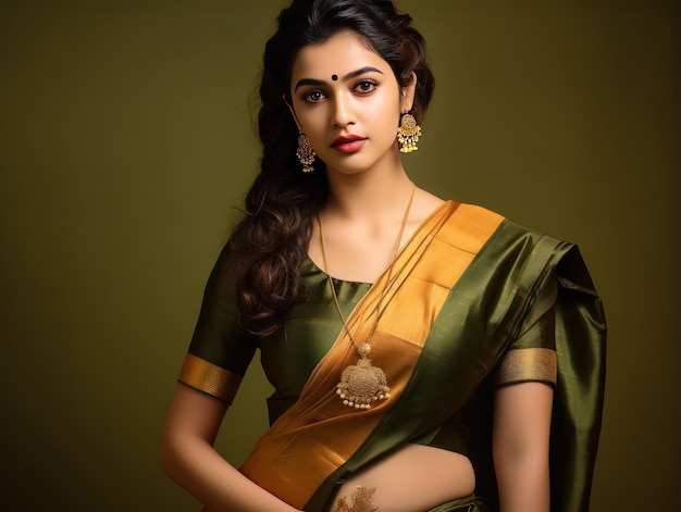 Chica moderna que abraza las raíces del sur de la India con un look de sari fusión que captura la tradición y la modernidad
