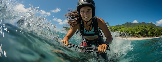 Una chica monta una bicicleta en el agua