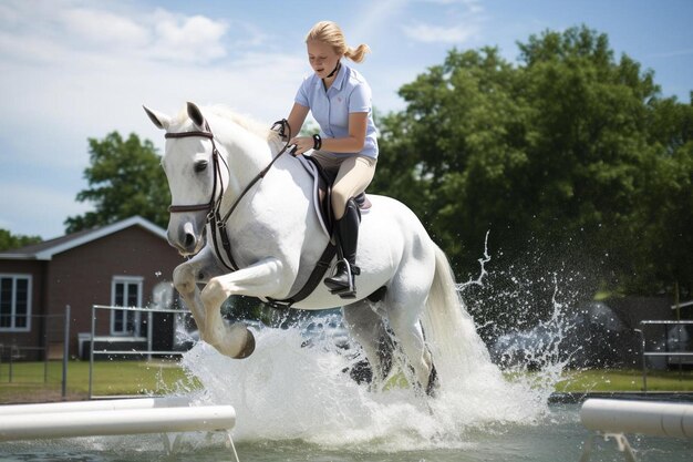 Foto una chica montando un caballo blanco con un caballo en el fondo