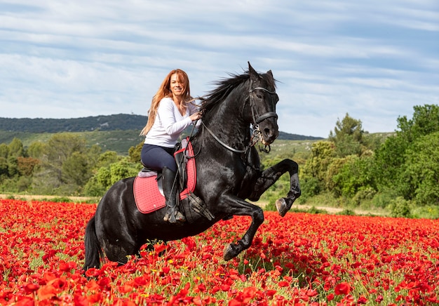 Chica montando está entrenando a su caballo negro