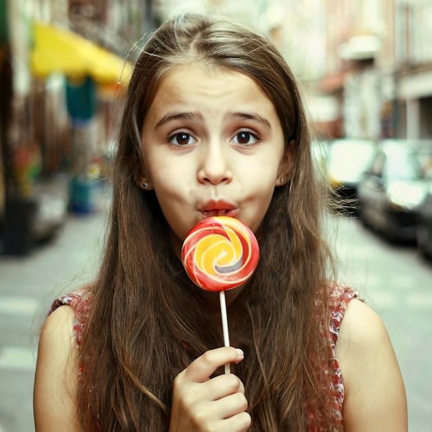 Foto una chica mordiendo una piruleta de colores