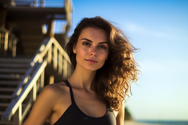 chica morena con cabello en desarrollo en la playa en verano