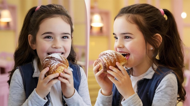 Una chica morena comiendo pasteles