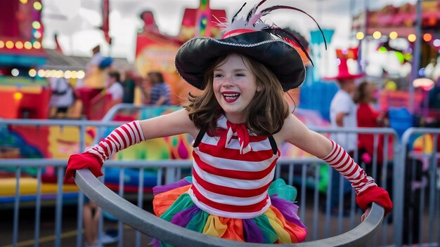 Una chica morena deportiva en disfraz de carnaval haciendo tonterías