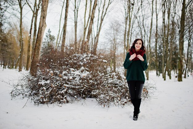 Chica morena en suéter verde y bufanda roja al aire libre en el día de invierno por la noche