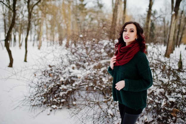 Chica morena en suéter verde y bufanda roja al aire libre en la tarde del día de invierno.