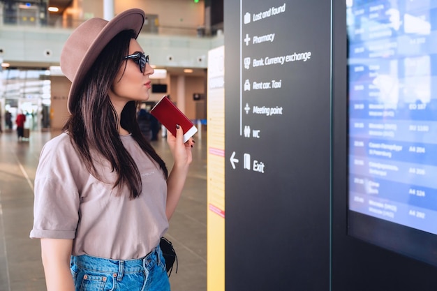 Chica en el mostrador del aeropuerto espera un vuelo