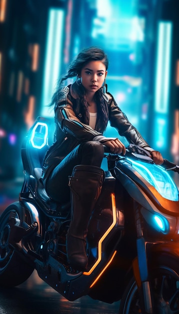 Una chica en moto en una ciudad.