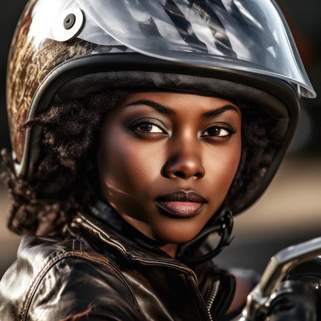 Chica motociclista afroamericana con una chaqueta de cuero negra en una motocicleta IA generativa