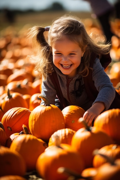 Chica con muchas calabazas por todos lados.