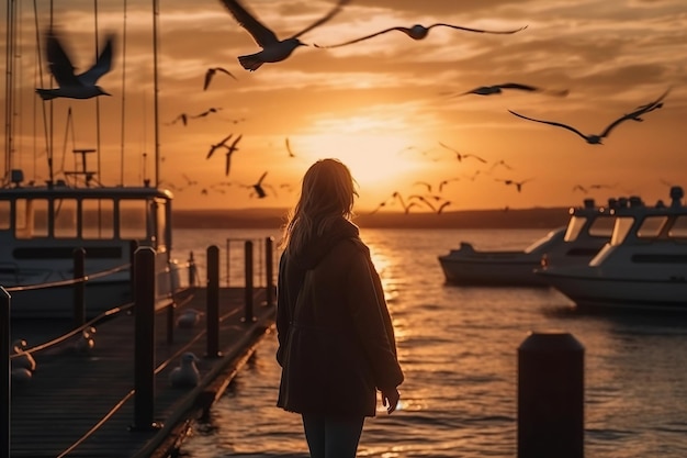 Chica en el muelle del mar al atardecer