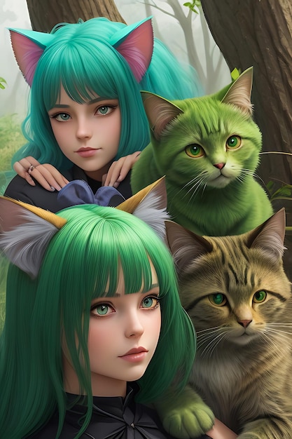 Chica mujer pelo verde con gatos y orejas de gato fantasía generativa IA