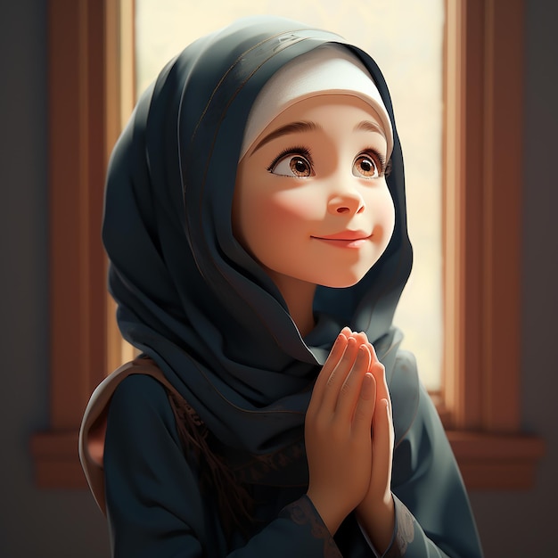 chica musulmana feliz con hijab completo en vestido rosa vestido de estilo tradicional asiático orando
