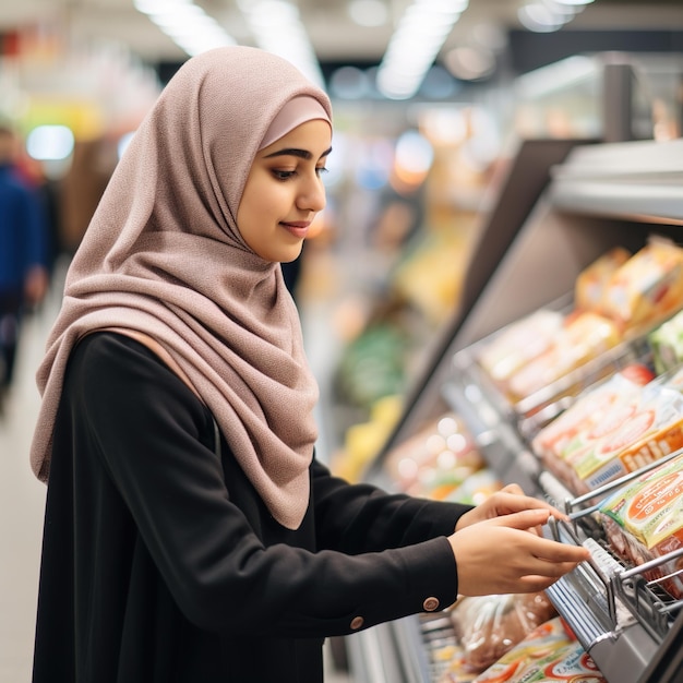 Foto una chica musulmana con hijab elige comestibles en una tienda de comestibles