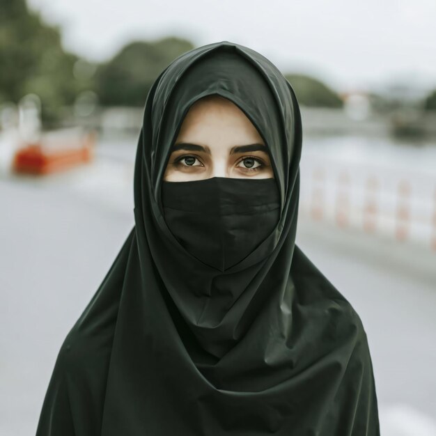 Una chica musulmana con un hijab negro y un niqab