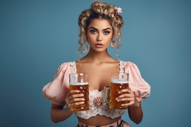 Chica muy caliente sonriente vestida con un corsé con dos vasos de cerveza