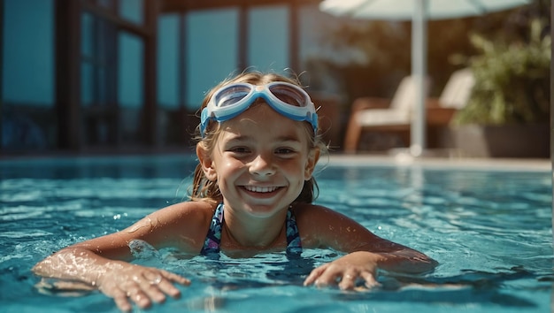 chica nada en la piscina con gafas buceando con snorkel