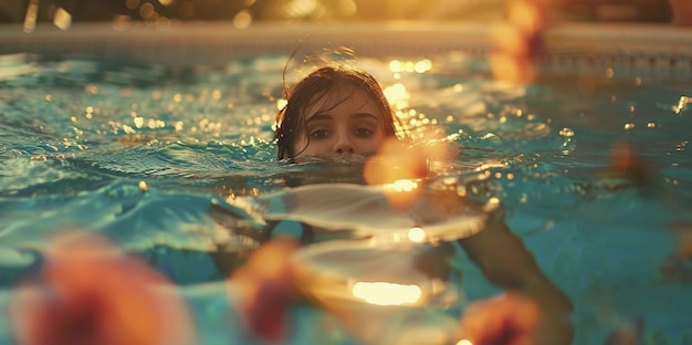 La chica nada en la piscina.