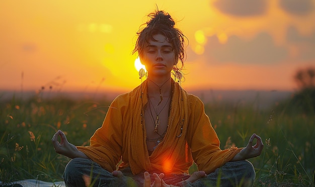 una chica de naranja sentada en un campo con el sol detrás de ella