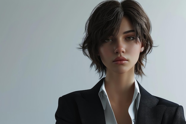 Chica de negocios de cabello corto con chaqueta de traje renderización 3D