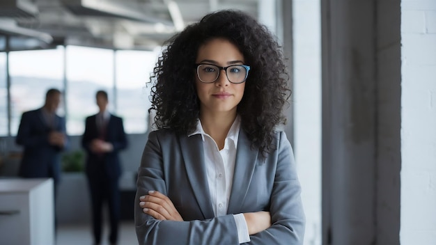 Una chica de negocios muy rizada con gafas.