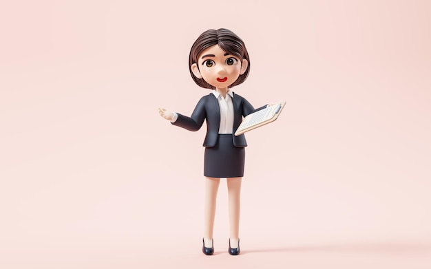 Chica de negocios con la representación 3d del archivo de papel