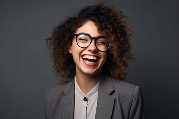 Chica de negocios rizada alegre con gafas con fondo gris