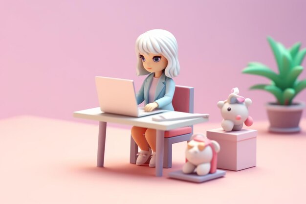 Una chica de negocios trabajando con una computadora portátil en el escritorio 3D Pequeña y linda IA generativa isométrica