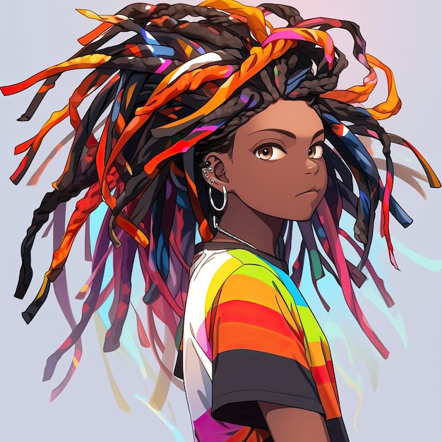 Foto chica negra con cabello colorido y rastas.