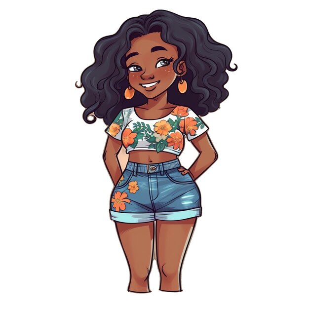 Foto una chica negra chibi linda con una ilustración de estilo de vestido floral